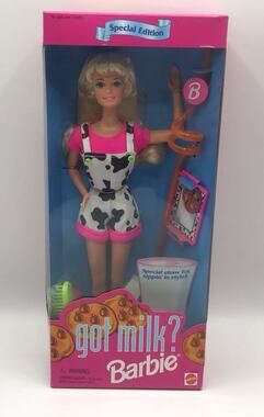 Vintage 1995 Got Milk Barbie Doll NIB Special Edition 15121 Cow Print Overalls